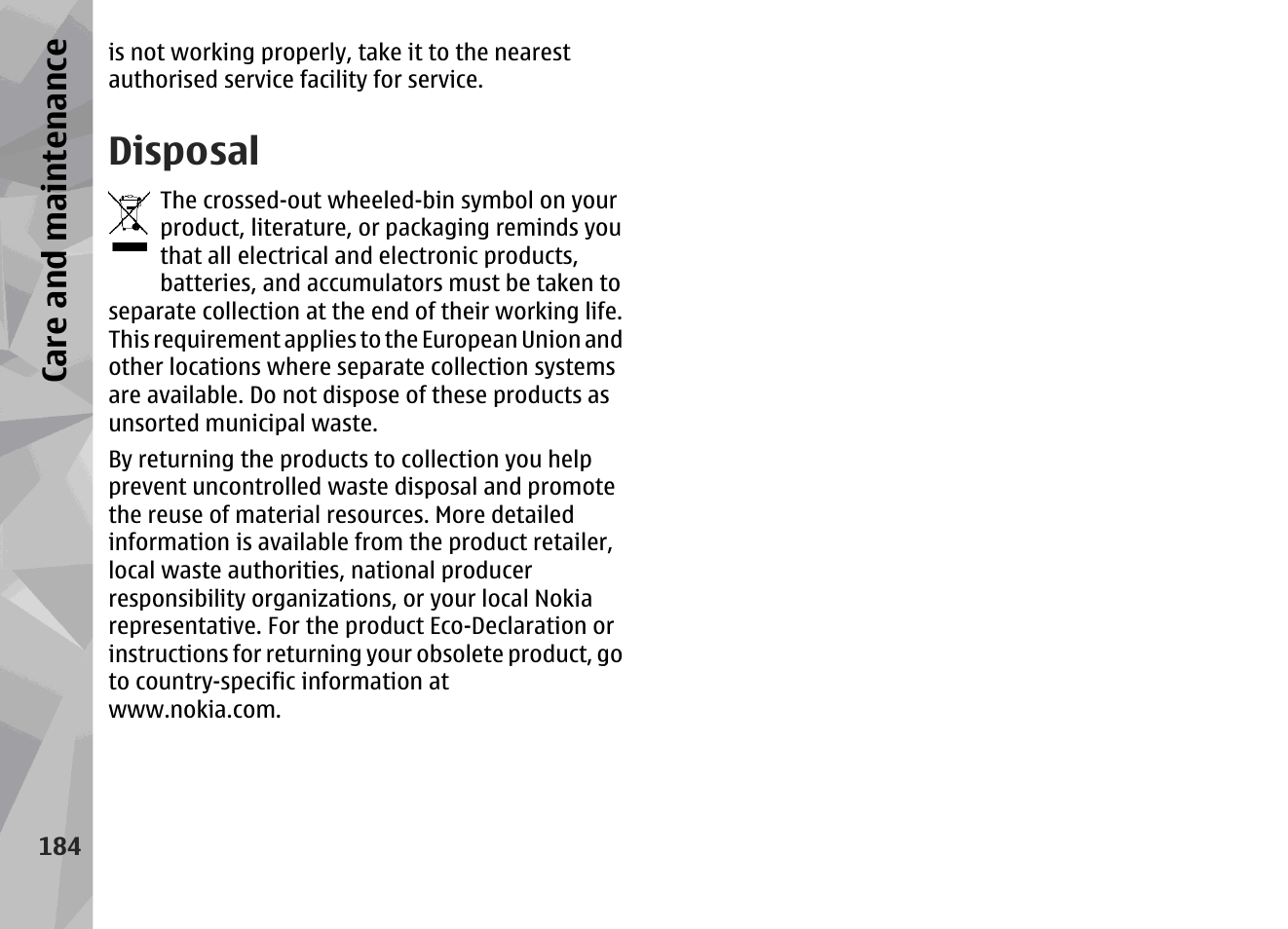 Disposal, Ca re a nd ma intena nce | Nokia 002F4W8 User Manual | Page 184 / 195