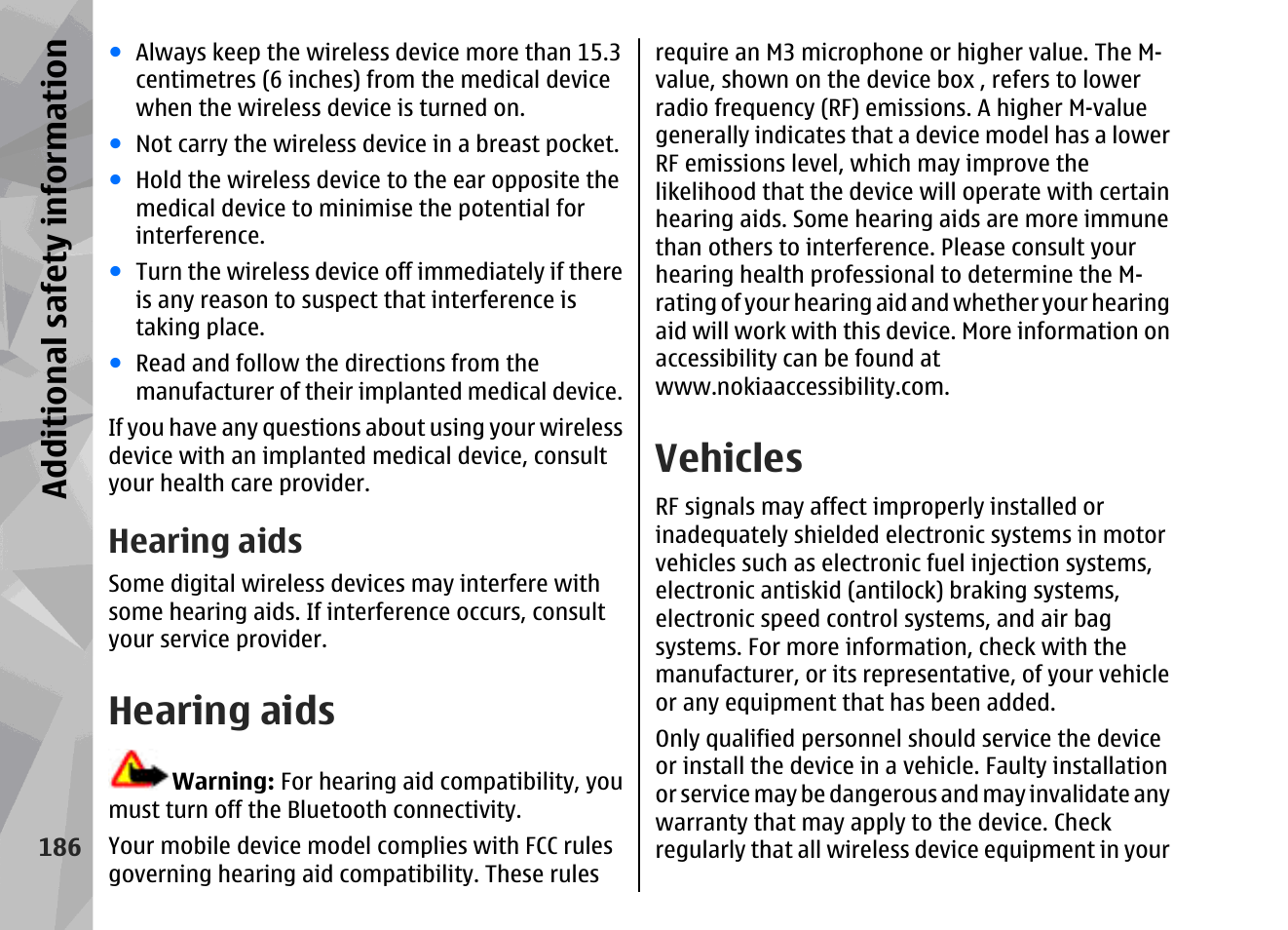 Hearing aids, Vehicles, Additional safety information | Nokia 002F4W8 User Manual | Page 186 / 195