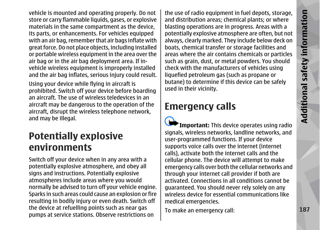 Potentially explosive environments, Emergency calls, Additional safety information | Nokia 002F4W8 User Manual | Page 187 / 195