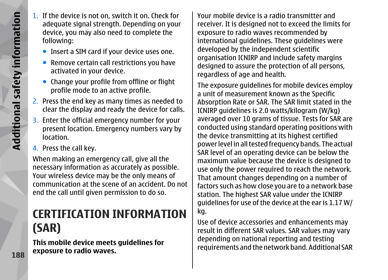 Certification information (sar), Additional safety information | Nokia 002F4W8 User Manual | Page 188 / 195