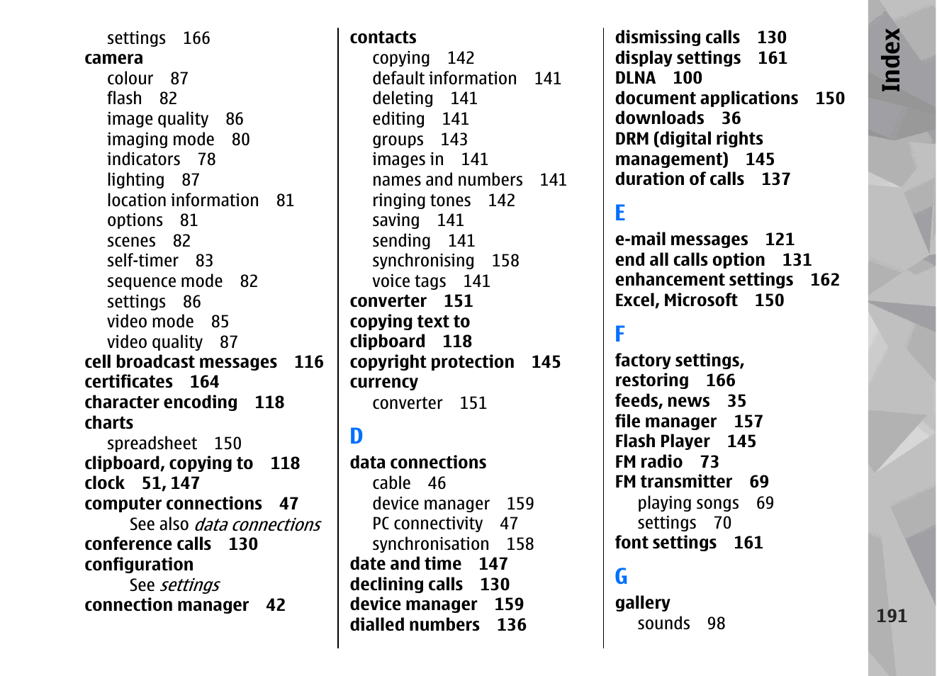 Index | Nokia 002F4W8 User Manual | Page 191 / 195