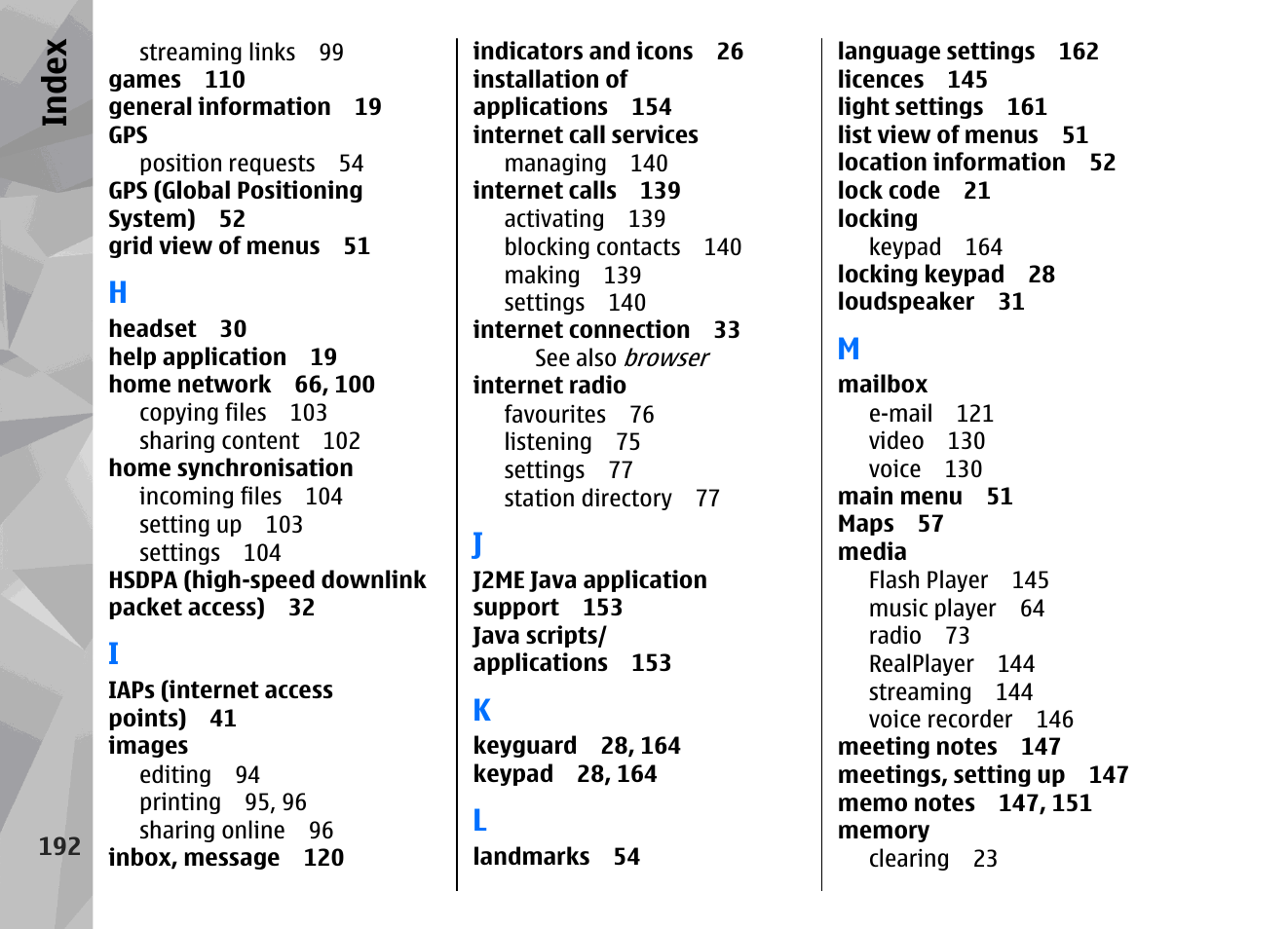 Index | Nokia 002F4W8 User Manual | Page 192 / 195
