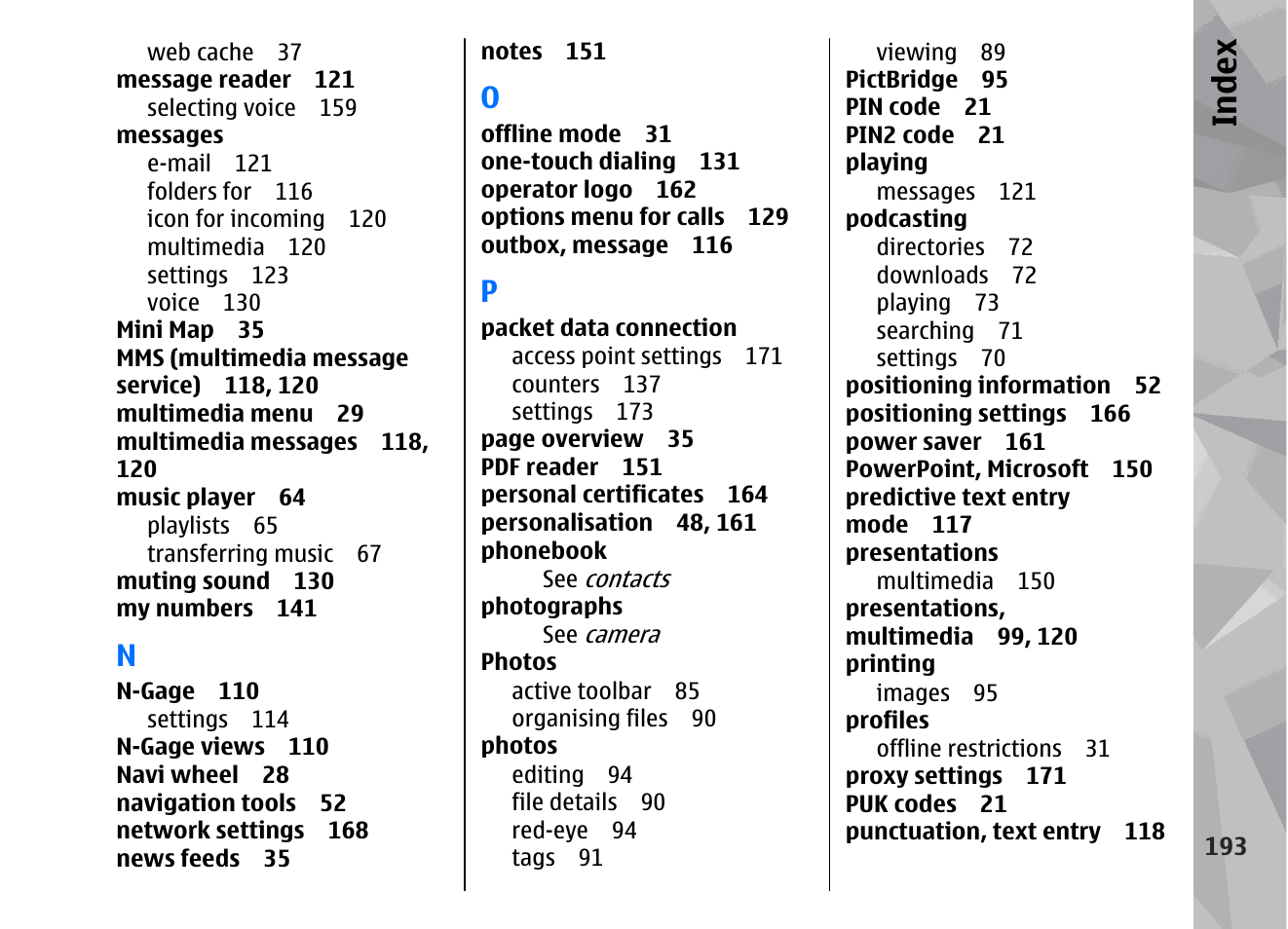 Index | Nokia 002F4W8 User Manual | Page 193 / 195