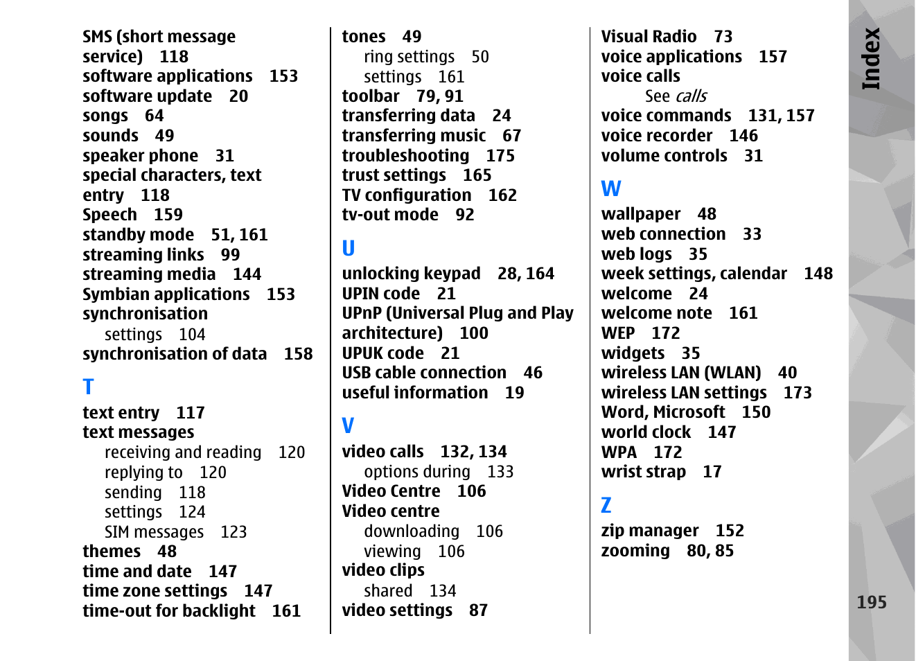 Index | Nokia 002F4W8 User Manual | Page 195 / 195