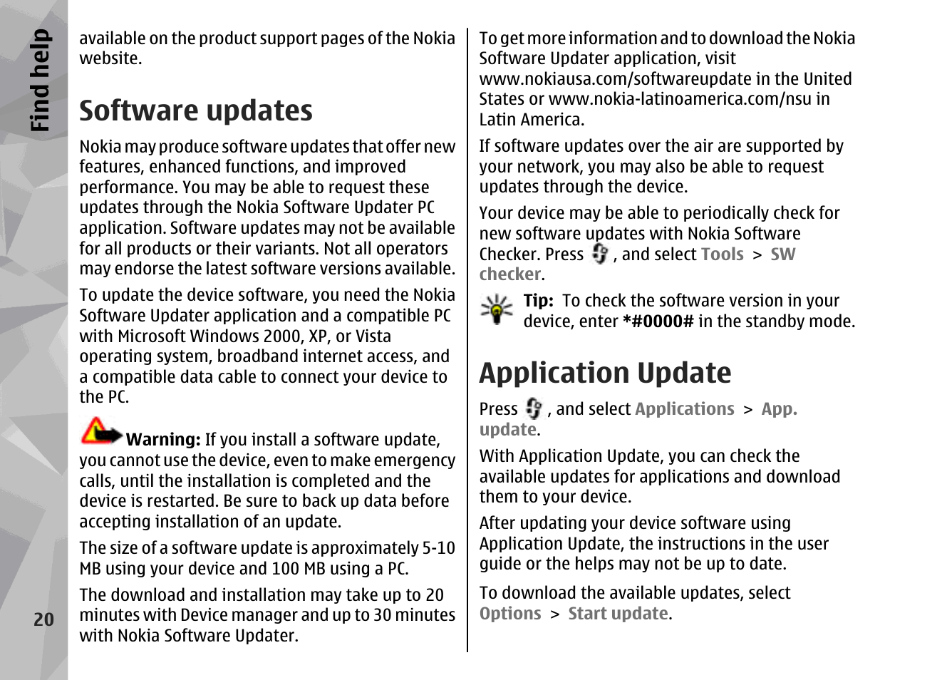Software updates, Application update, Find hel p | Nokia 002F4W8 User Manual | Page 20 / 195