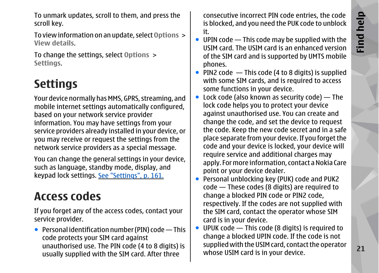 Settings, Access codes, Find hel p | Nokia 002F4W8 User Manual | Page 21 / 195