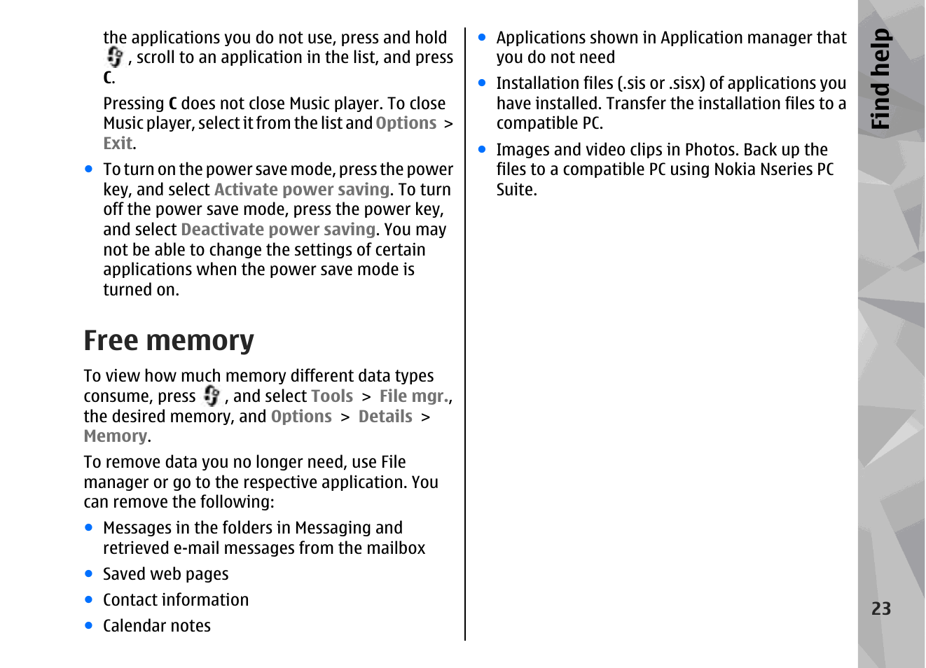 Free memory, Find hel p | Nokia 002F4W8 User Manual | Page 23 / 195