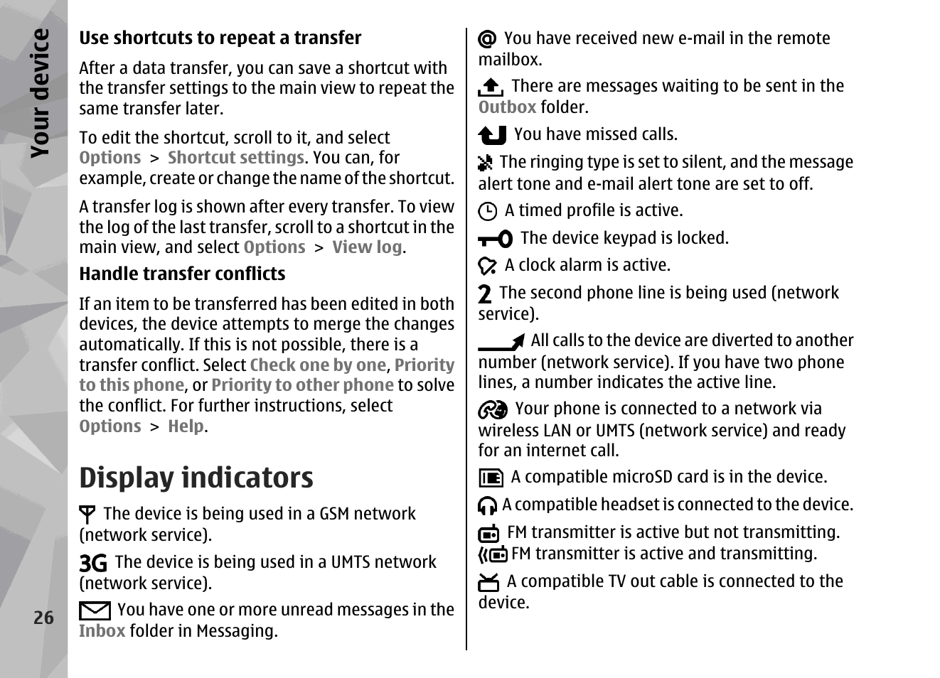 Display indicators, Your device | Nokia 002F4W8 User Manual | Page 26 / 195