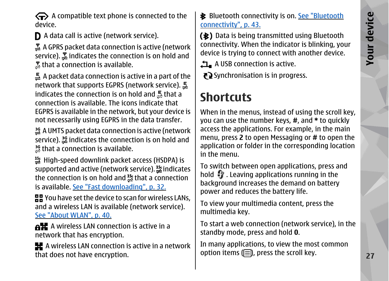 Shortcuts, Your device | Nokia 002F4W8 User Manual | Page 27 / 195