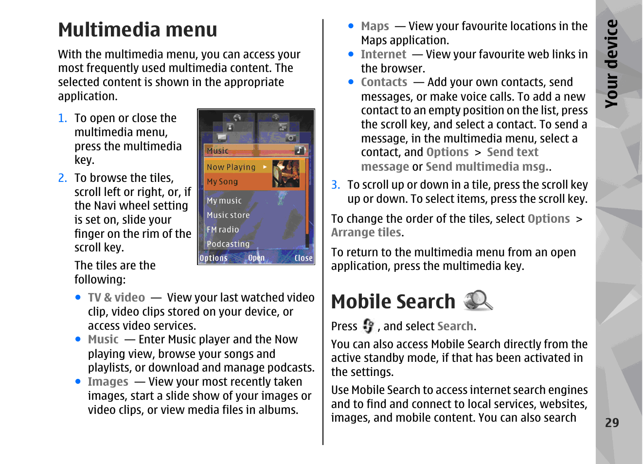 Multimedia menu, Mobile search, Your device | Nokia 002F4W8 User Manual | Page 29 / 195