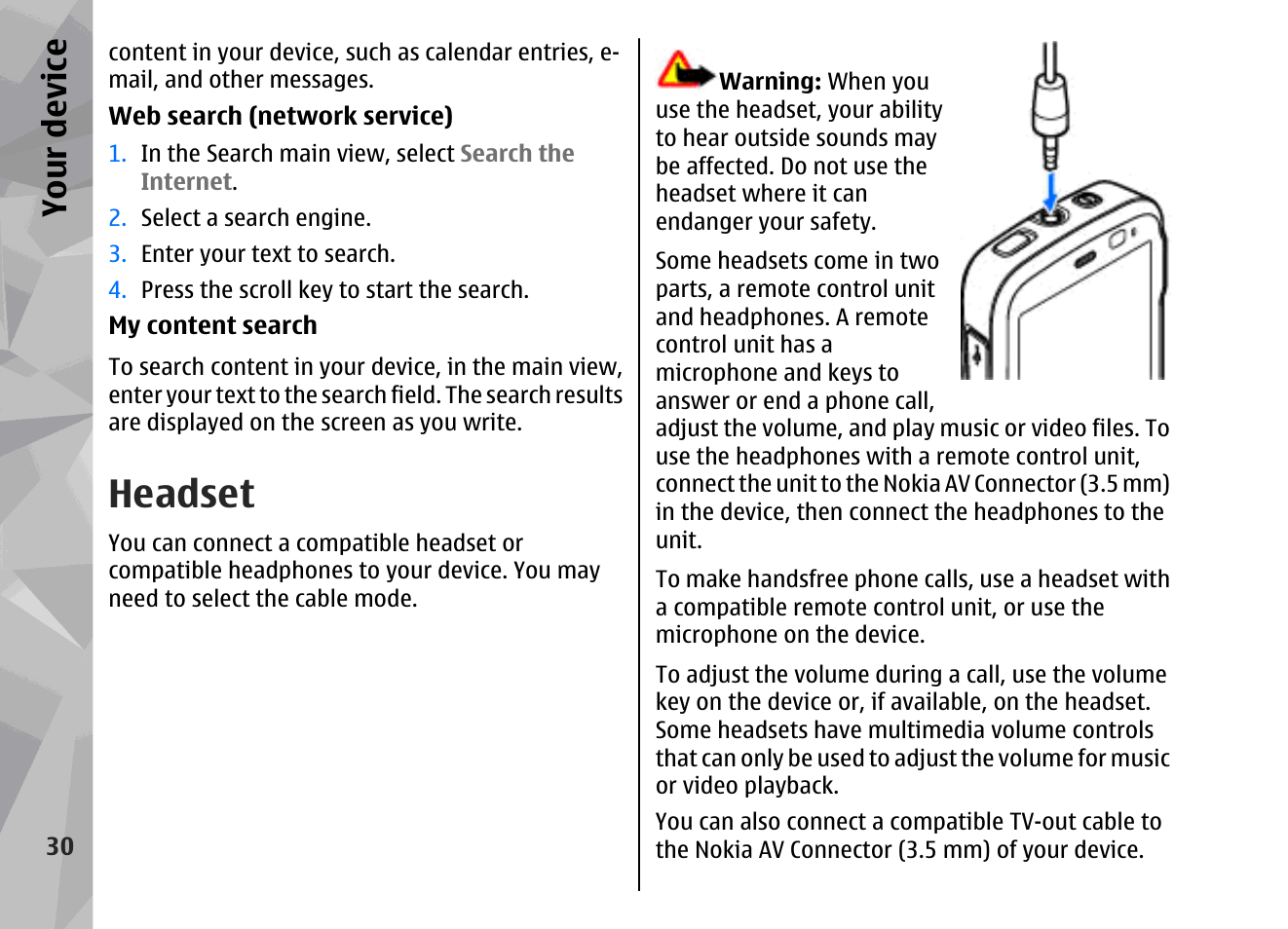 Headset, Your device | Nokia 002F4W8 User Manual | Page 30 / 195