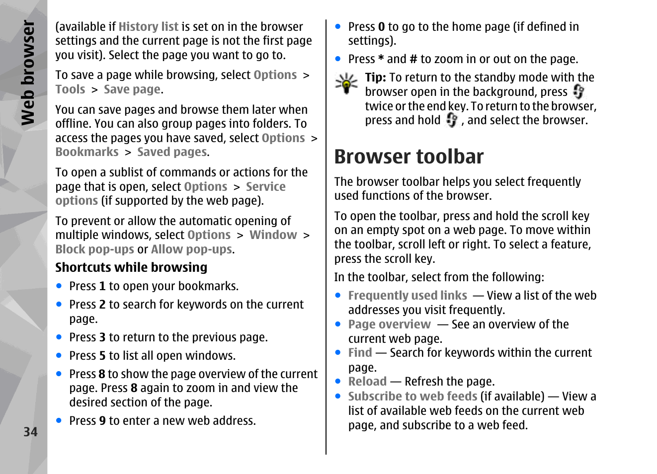 Browser toolbar, Web browser | Nokia 002F4W8 User Manual | Page 34 / 195