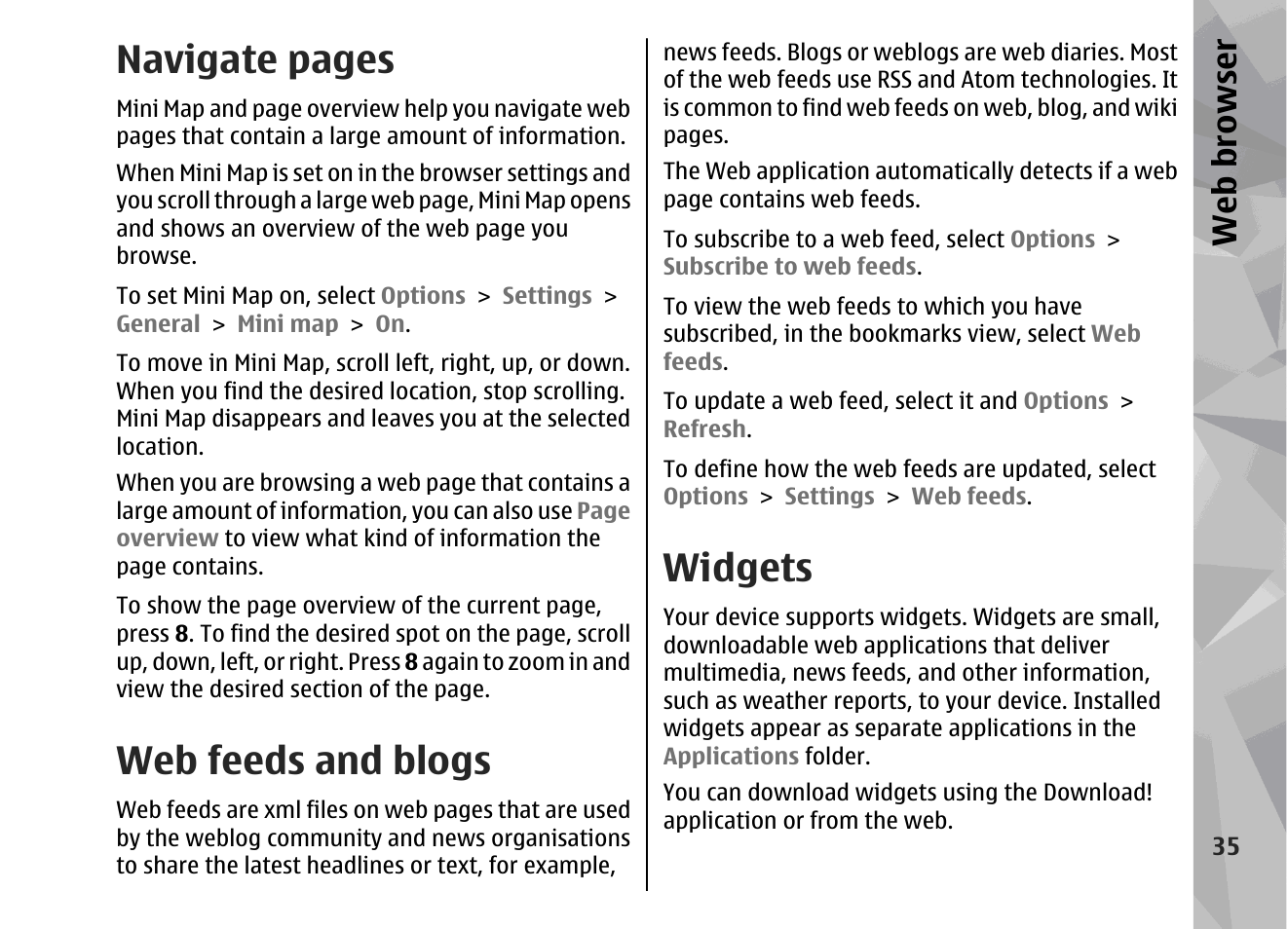 Web feeds and blogs, Widgets, Navigate pages | Web browser | Nokia 002F4W8 User Manual | Page 35 / 195