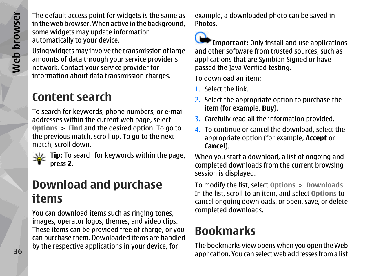 Content search, Download and purchase items, Bookmarks | Web browser | Nokia 002F4W8 User Manual | Page 36 / 195