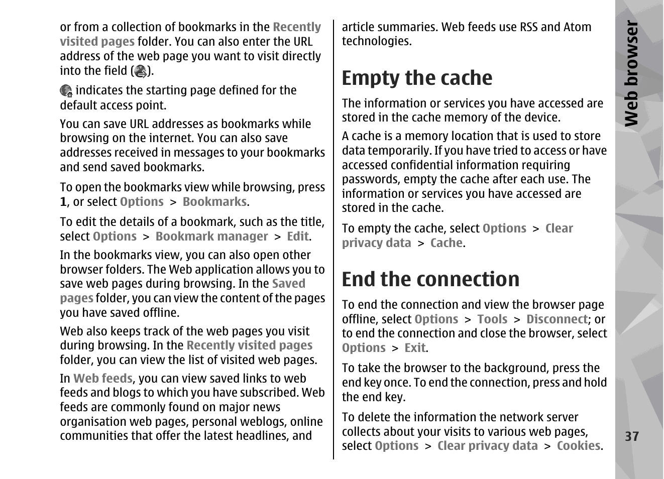 Empty the cache, End the connection, Web browser | Nokia 002F4W8 User Manual | Page 37 / 195