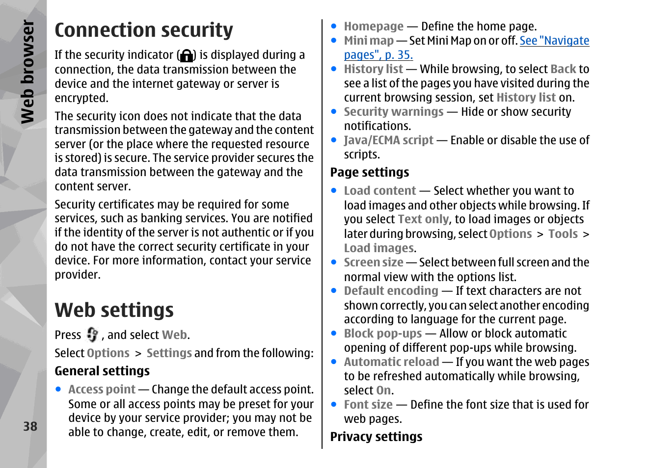 Connection security, Web settings, Web browser | Nokia 002F4W8 User Manual | Page 38 / 195