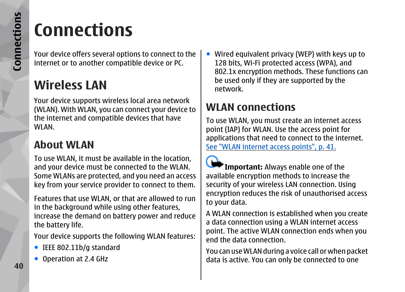 Connections, Wireless lan, About wlan | Wlan connections, Wlan enabled devices, See "wireless, Lan", p. 40, See "about wlan", p. 40, Con nectio ns | Nokia 002F4W8 User Manual | Page 40 / 195