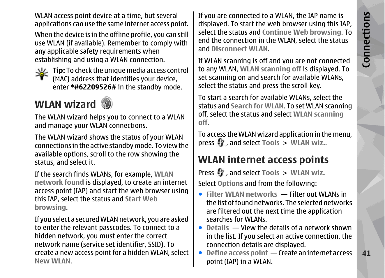 Wlan wizard, Wlan internet access points, Con nectio ns | Nokia 002F4W8 User Manual | Page 41 / 195