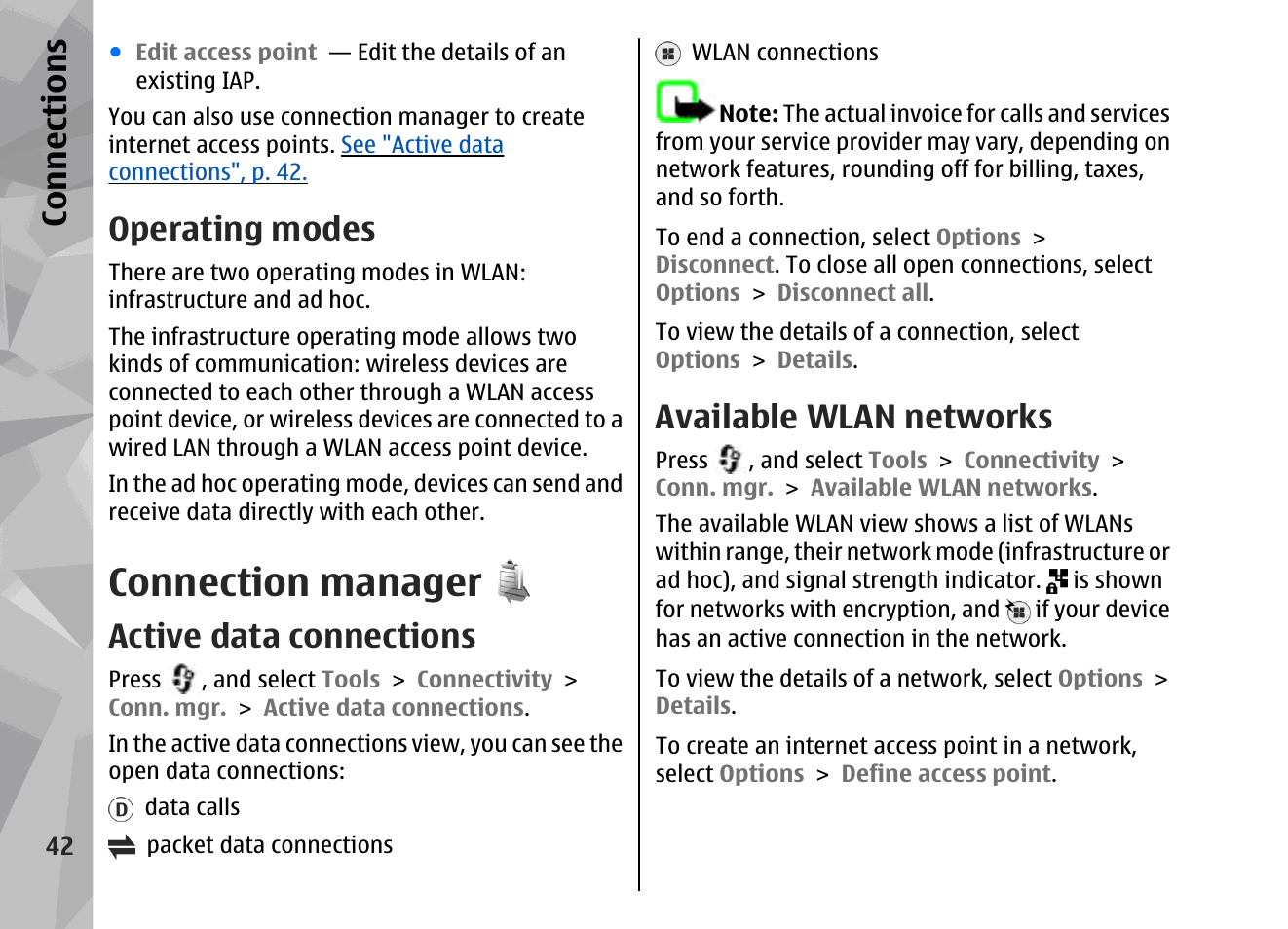 Operating modes, Connection manager, Active data connections | Available wlan networks, Con nectio ns | Nokia 002F4W8 User Manual | Page 42 / 195