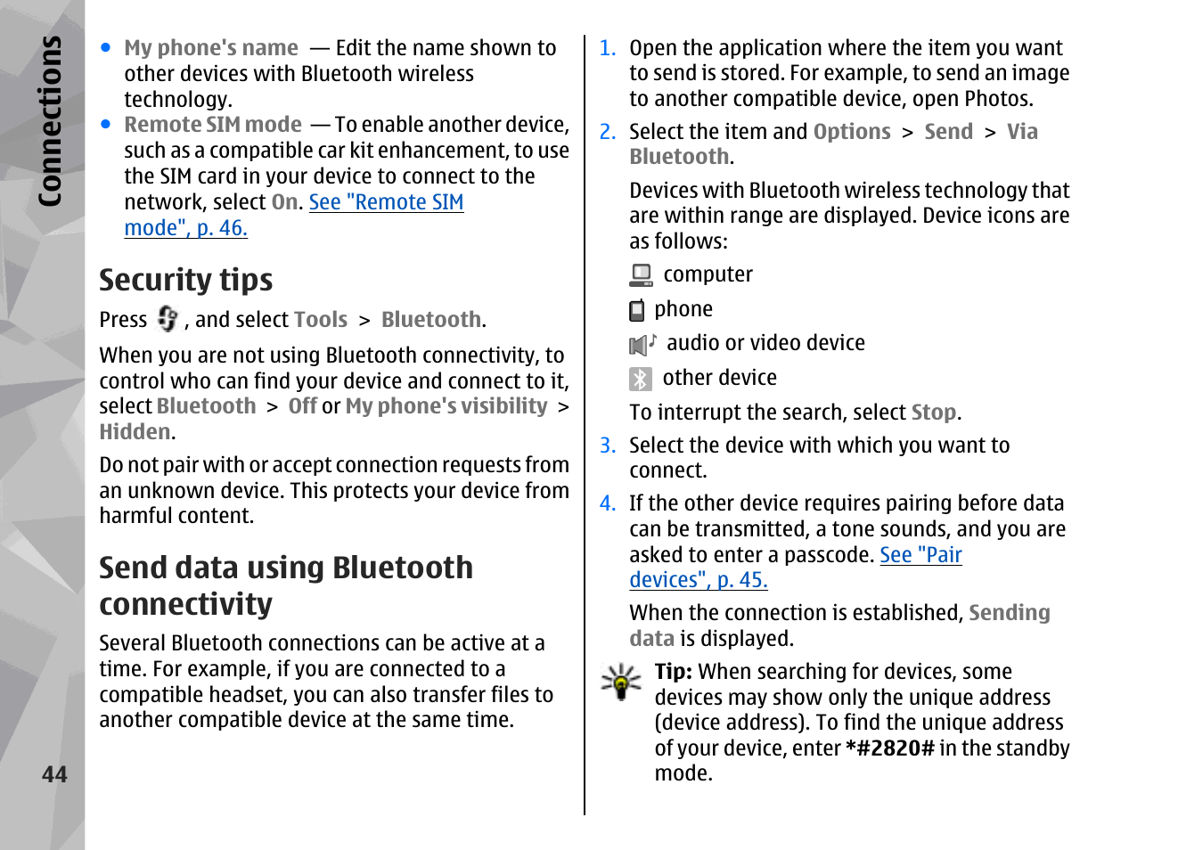 Security tips, Send data using bluetooth connectivity, Con nectio ns | Nokia 002F4W8 User Manual | Page 44 / 195