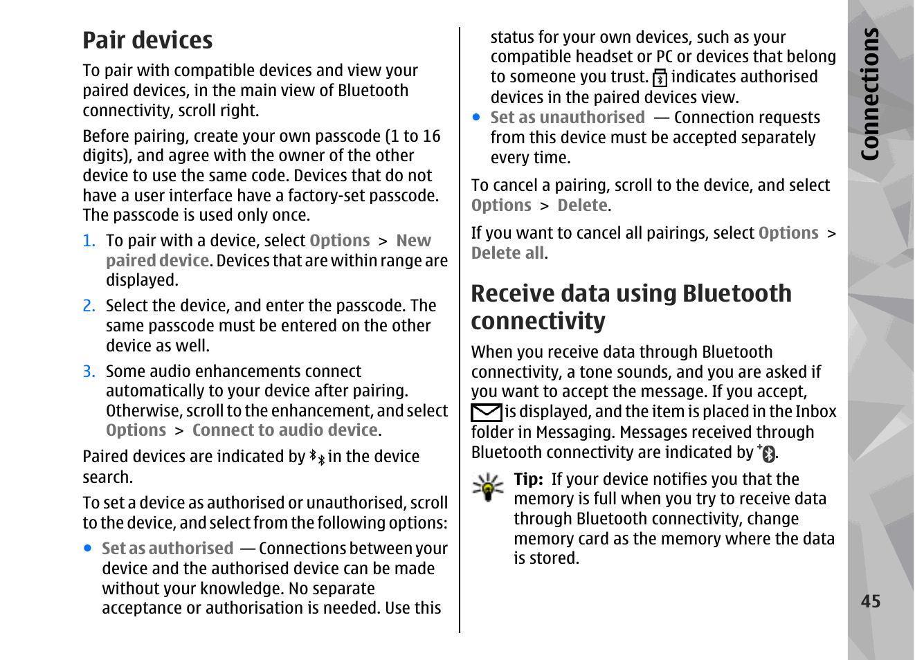Pair devices, Receive data using bluetooth connectivity, See "pair | Devices", p. 45, Con nectio ns | Nokia 002F4W8 User Manual | Page 45 / 195