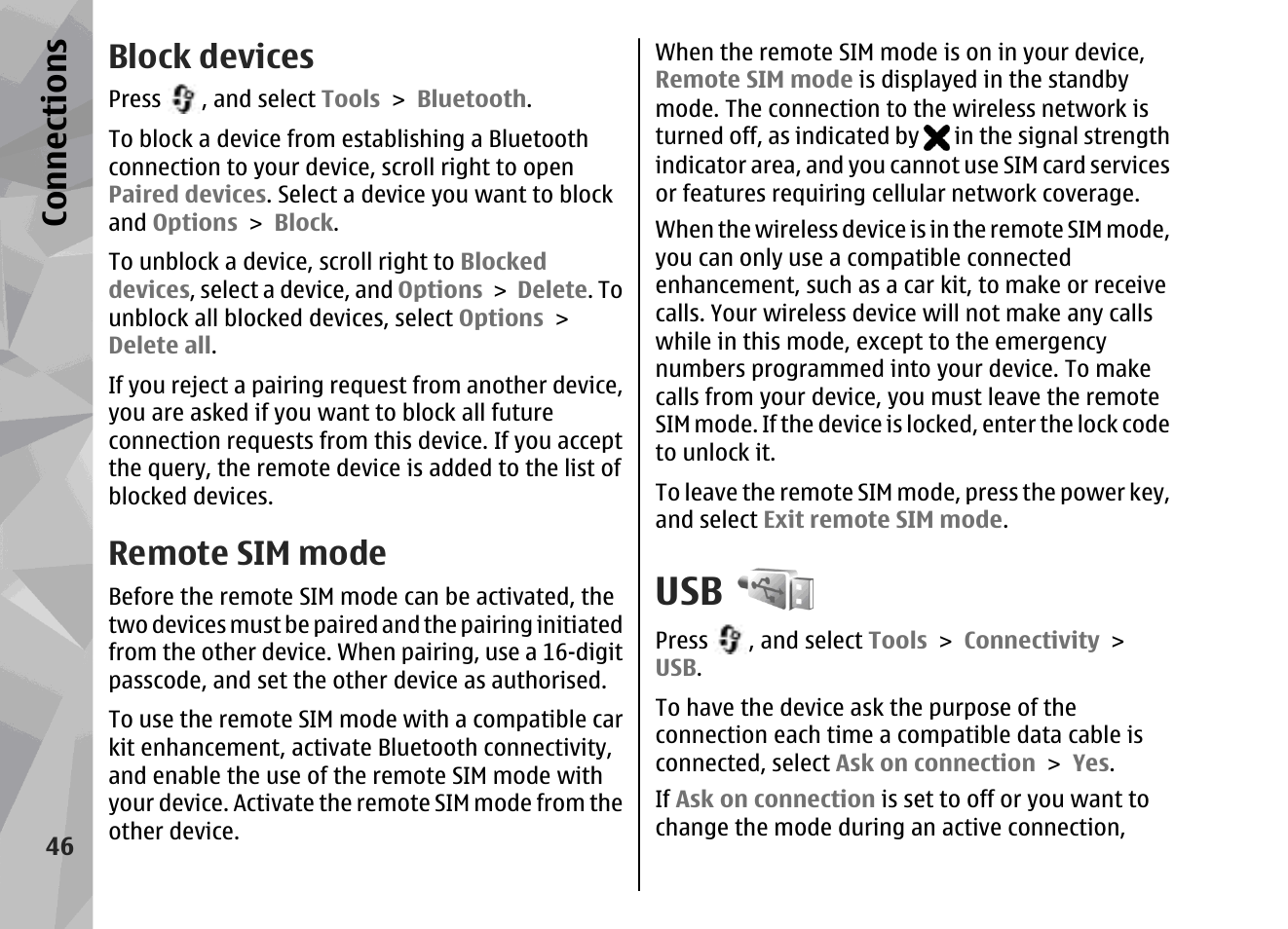 Block devices, Remote sim mode, Ters and pcs | Usb", p. 46, See "remote sim, Mode", p. 46, Con nectio ns | Nokia 002F4W8 User Manual | Page 46 / 195