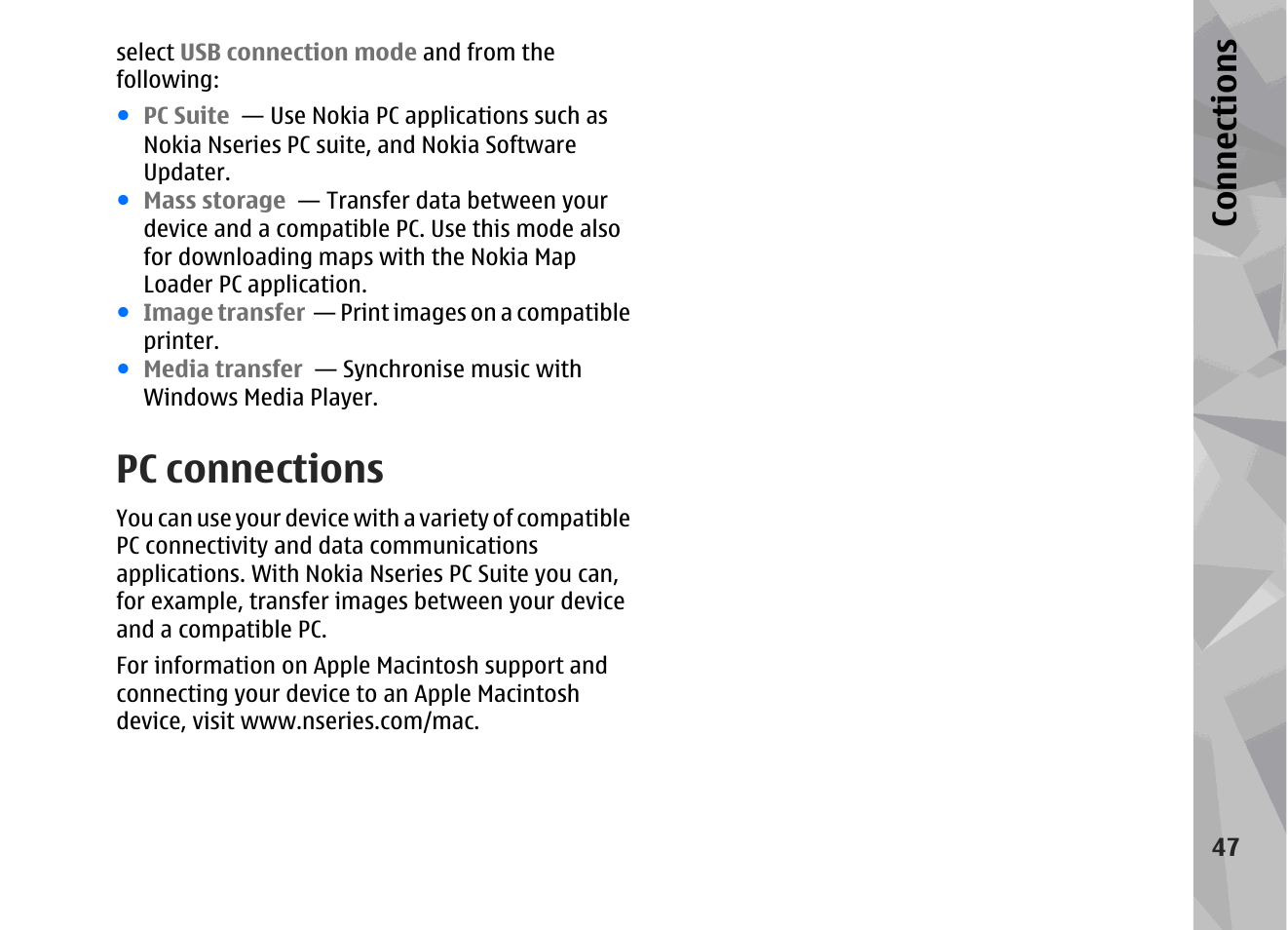 Pc connections, Con nectio ns | Nokia 002F4W8 User Manual | Page 47 / 195