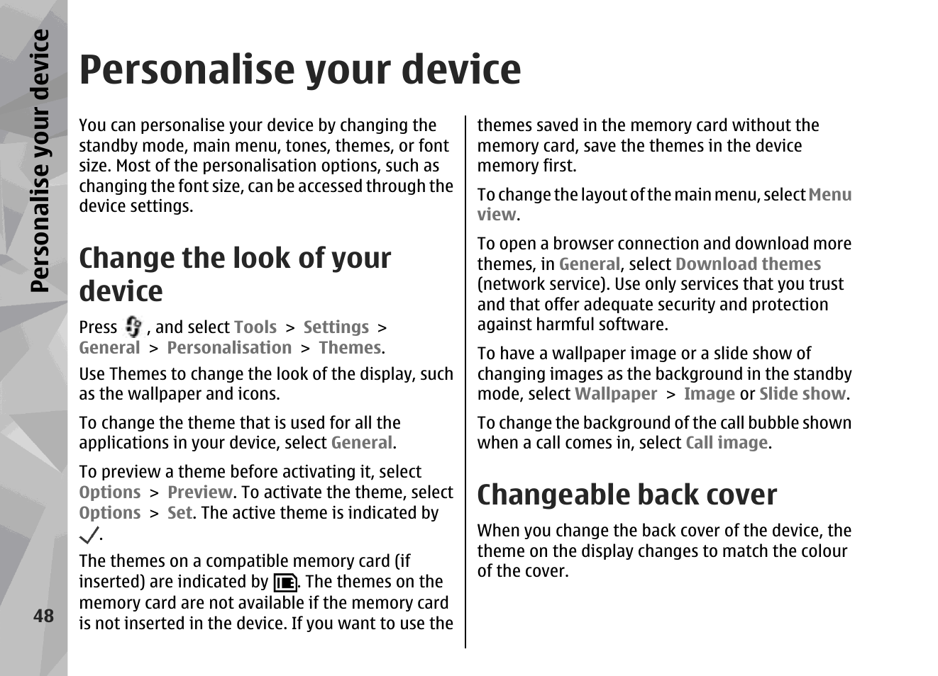 Personalise your device, Change the look of your device, Changeable back cover | Persona lise your de vice | Nokia 002F4W8 User Manual | Page 48 / 195