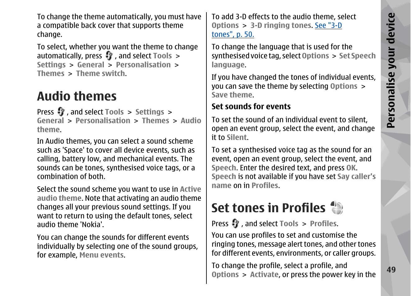 Audio themes, Set tones in profiles, Persona lise your de vice | Nokia 002F4W8 User Manual | Page 49 / 195