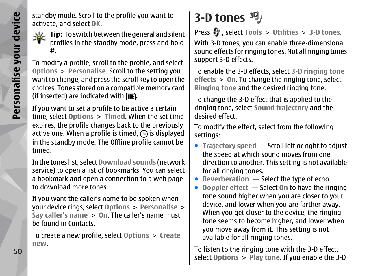 D tones, Persona lise your de vice | Nokia 002F4W8 User Manual | Page 50 / 195