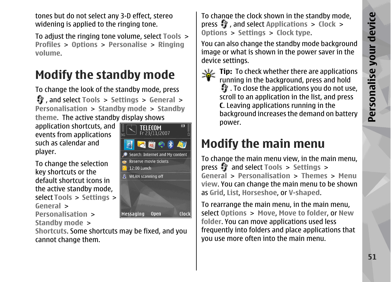 Modify the standby mode, Modify the main menu, Persona lise your de vice | Nokia 002F4W8 User Manual | Page 51 / 195