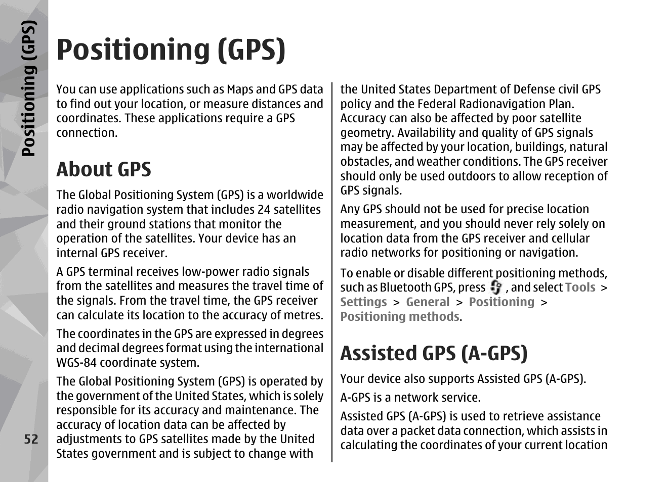 Positioning (gps), About gps, Assisted gps (a-gps) | Positioning (gps)", p. 52 | Nokia 002F4W8 User Manual | Page 52 / 195