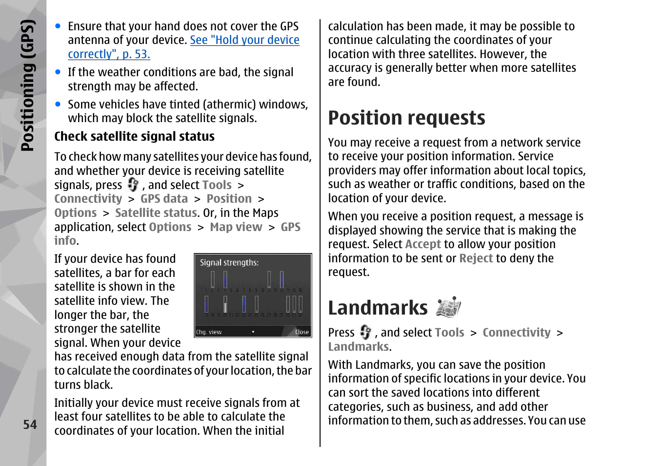 Position requests, Landmarks, Positioning (gps) | Nokia 002F4W8 User Manual | Page 54 / 195