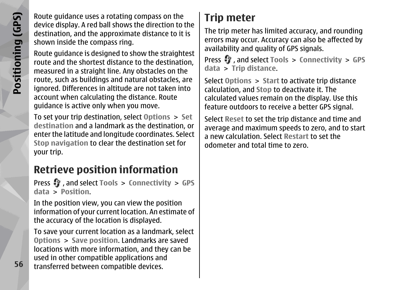 Retrieve position information, Trip meter, Positioning (gps) | Nokia 002F4W8 User Manual | Page 56 / 195