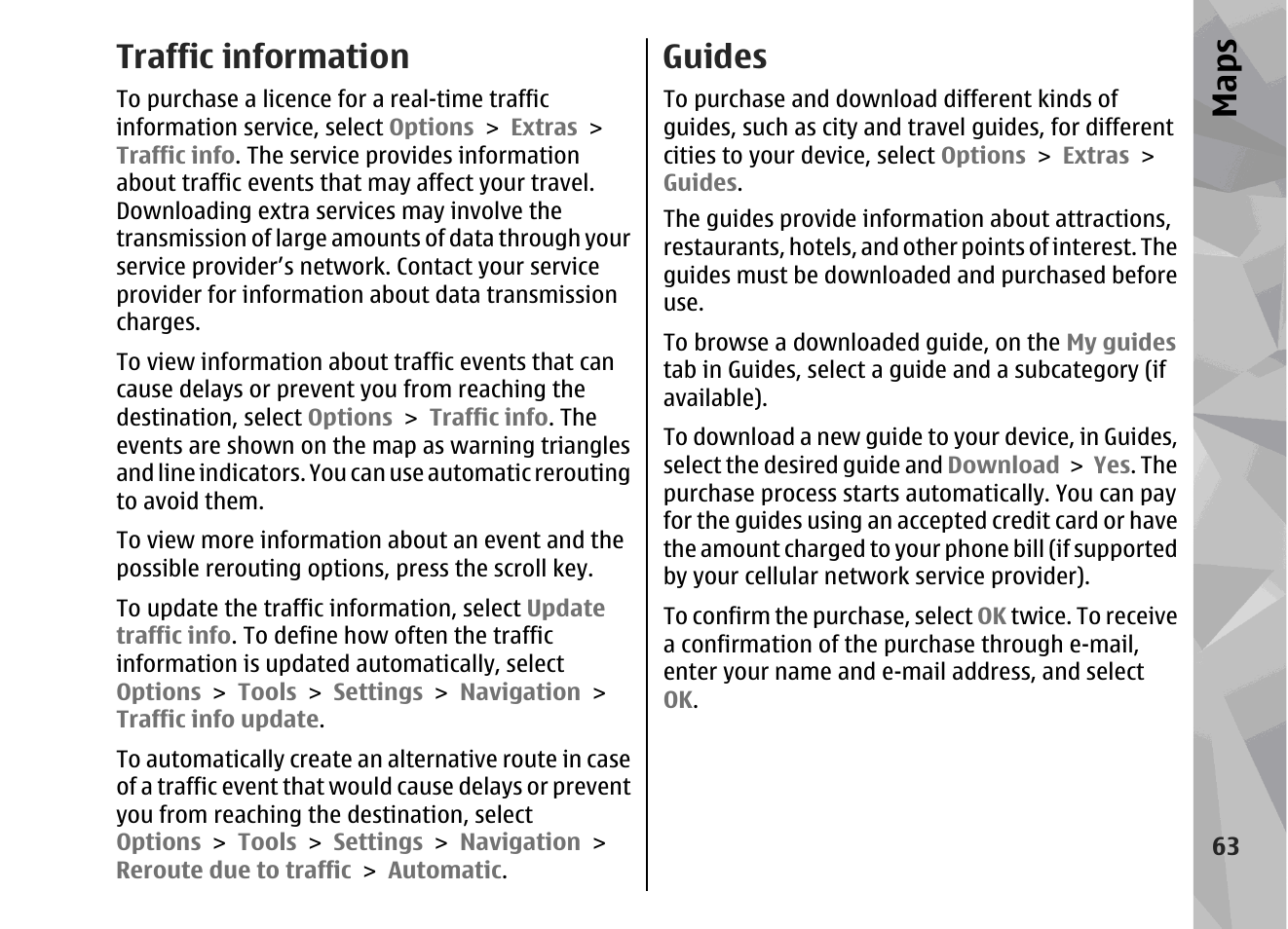 Traffic information, Guides, Maps | Nokia 002F4W8 User Manual | Page 63 / 195