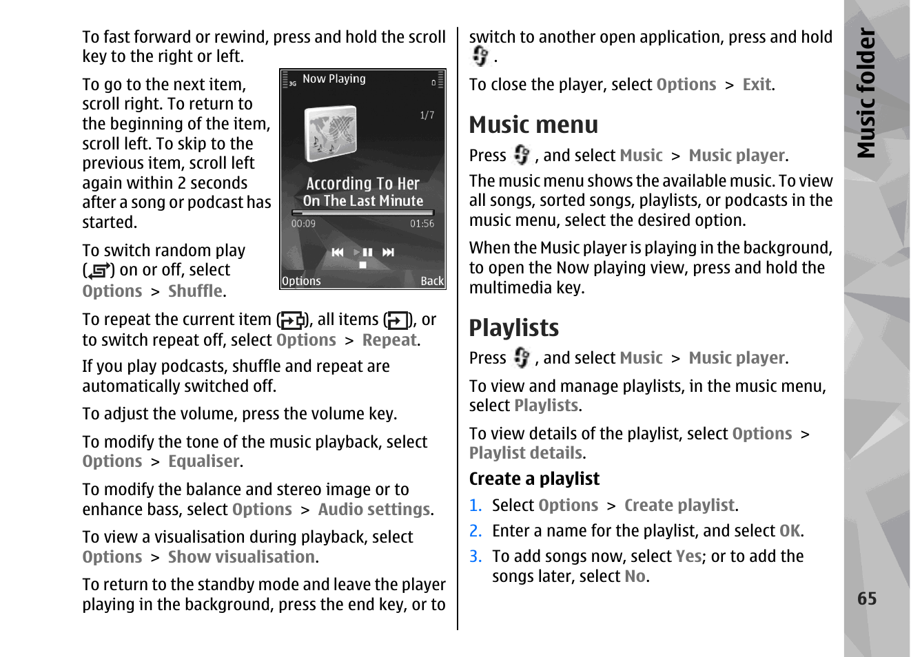 Music menu, Playlists, Music fol der | Nokia 002F4W8 User Manual | Page 65 / 195