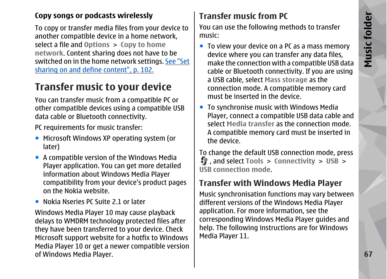 Transfer music to your device, Transfer music from pc, Transfer with windows media player | Music fol der | Nokia 002F4W8 User Manual | Page 67 / 195