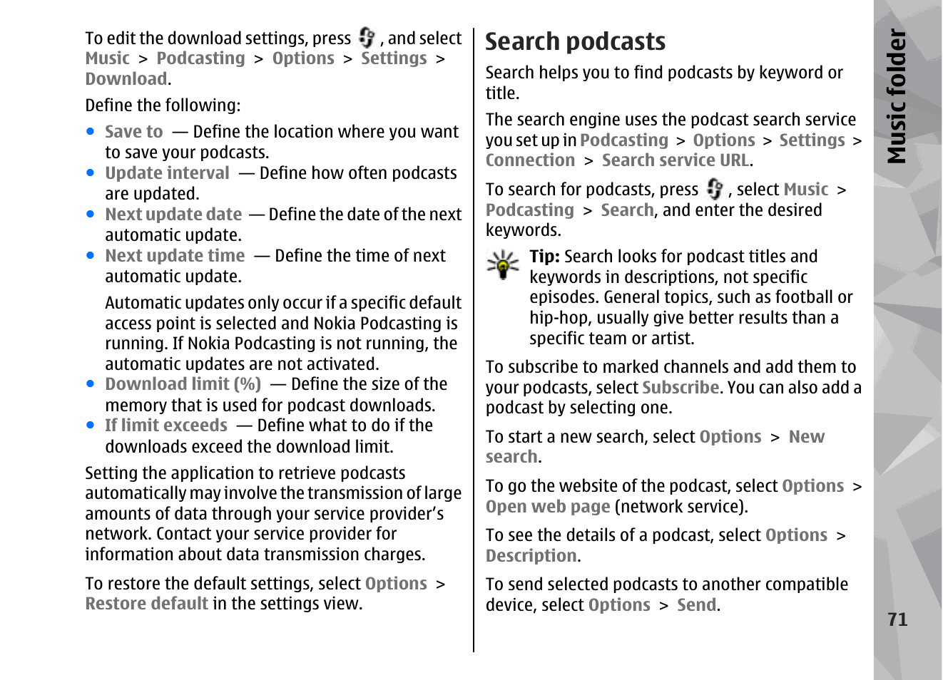 Search podcasts, Music fol der | Nokia 002F4W8 User Manual | Page 71 / 195