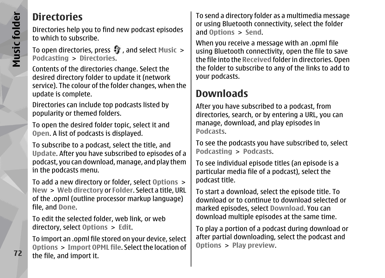 Directories, Downloads, Music fol der | Nokia 002F4W8 User Manual | Page 72 / 195