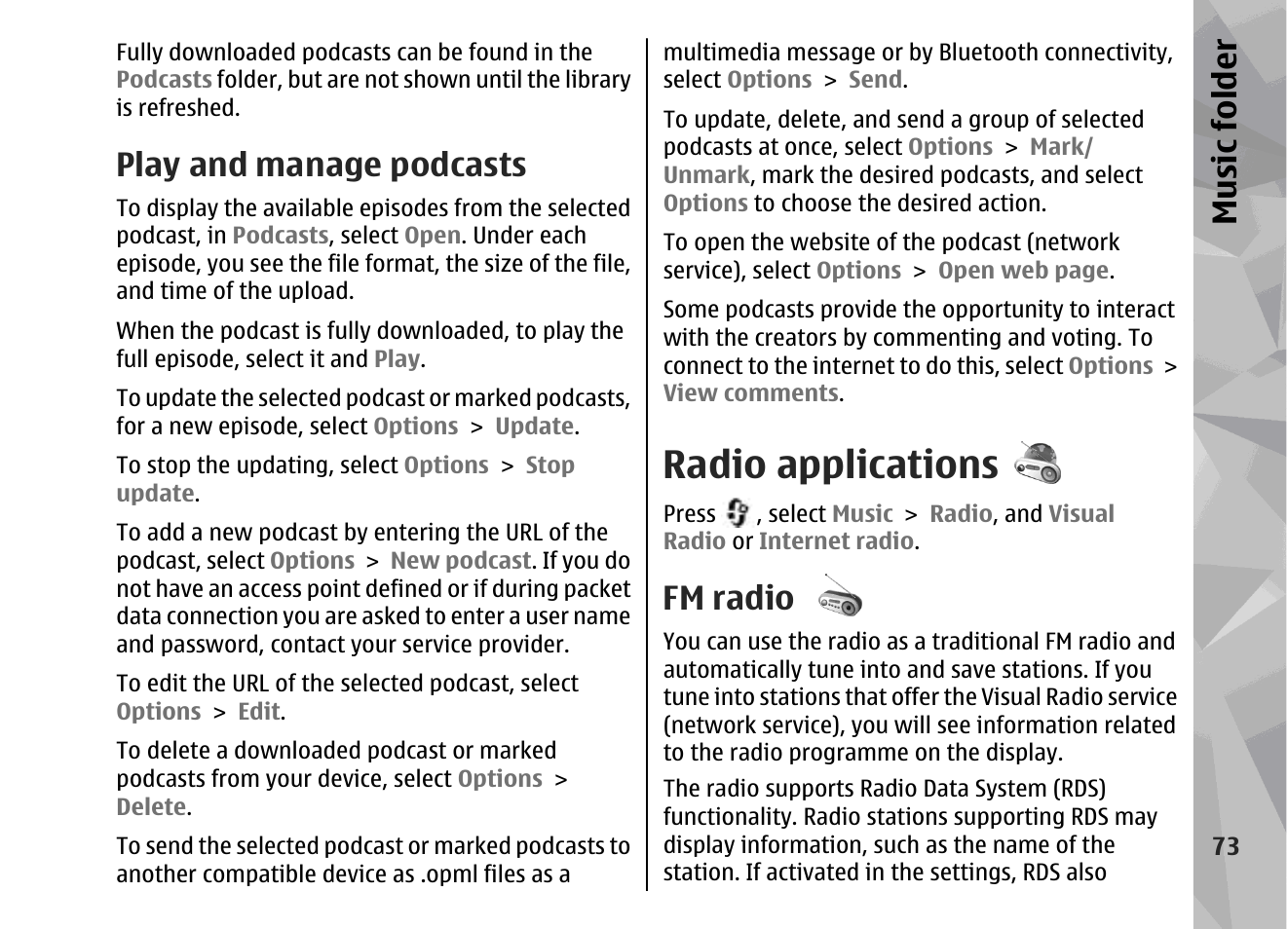 Play and manage podcasts, Radio applications, Fm radio | Music fol der | Nokia 002F4W8 User Manual | Page 73 / 195