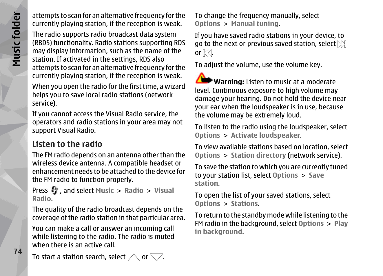 Listen to the radio, Music fol der | Nokia 002F4W8 User Manual | Page 74 / 195