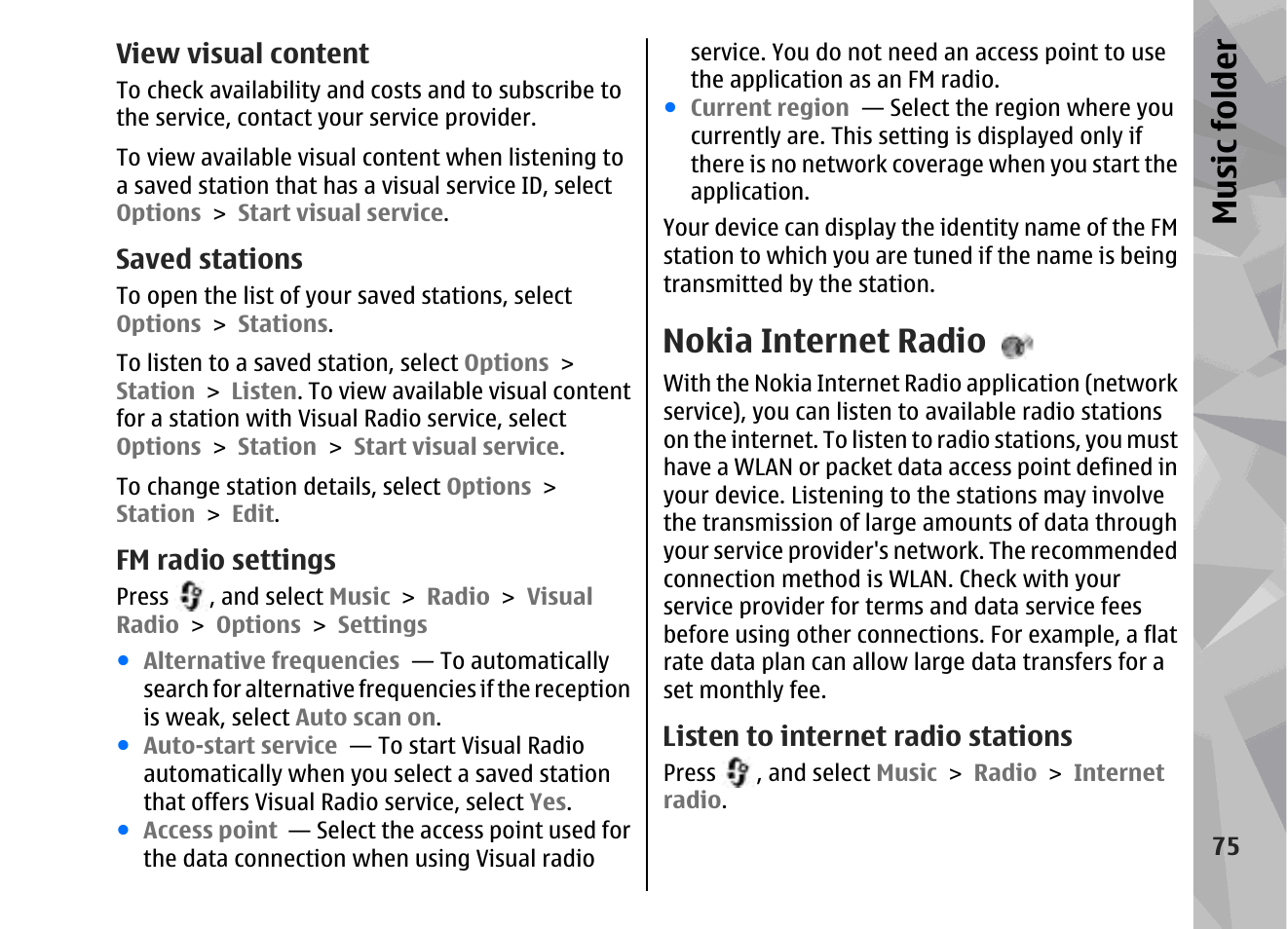 View visual content, Saved stations, Fm radio settings | Nokia internet radio, Listen to internet radio stations, Music fol der | Nokia 002F4W8 User Manual | Page 75 / 195