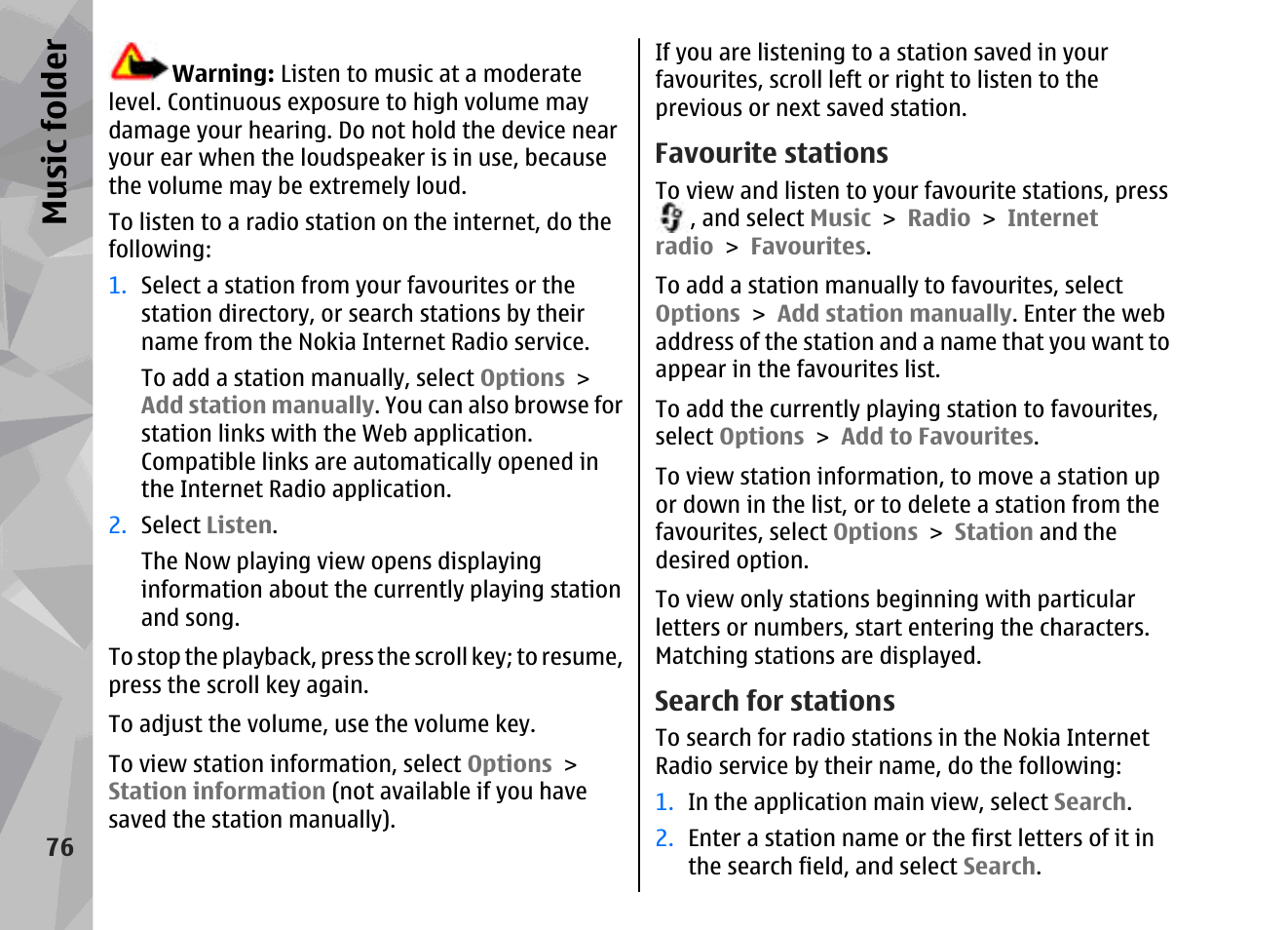 Favourite stations, Search for stations, Music fol der | Nokia 002F4W8 User Manual | Page 76 / 195