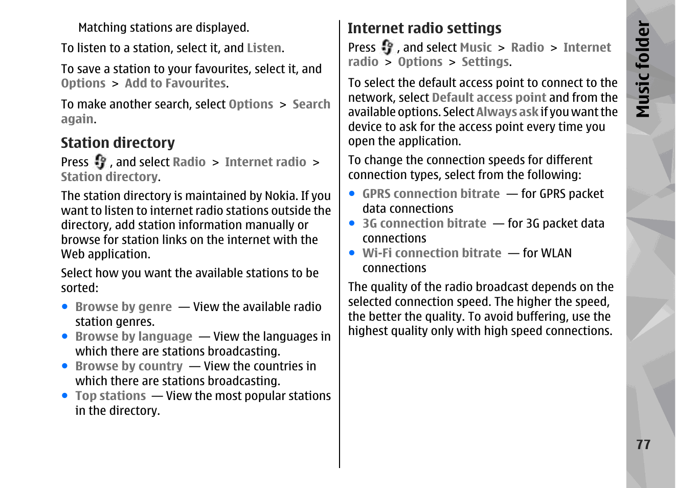 Station directory, Internet radio settings, Music fol der | Nokia 002F4W8 User Manual | Page 77 / 195