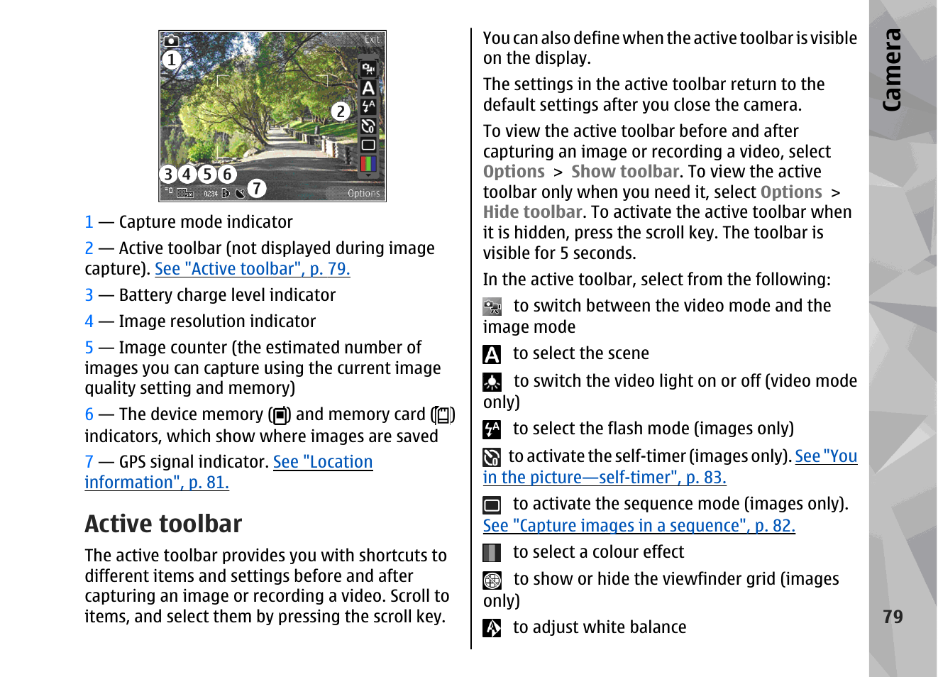 Active toolbar, Ca mera | Nokia 002F4W8 User Manual | Page 79 / 195