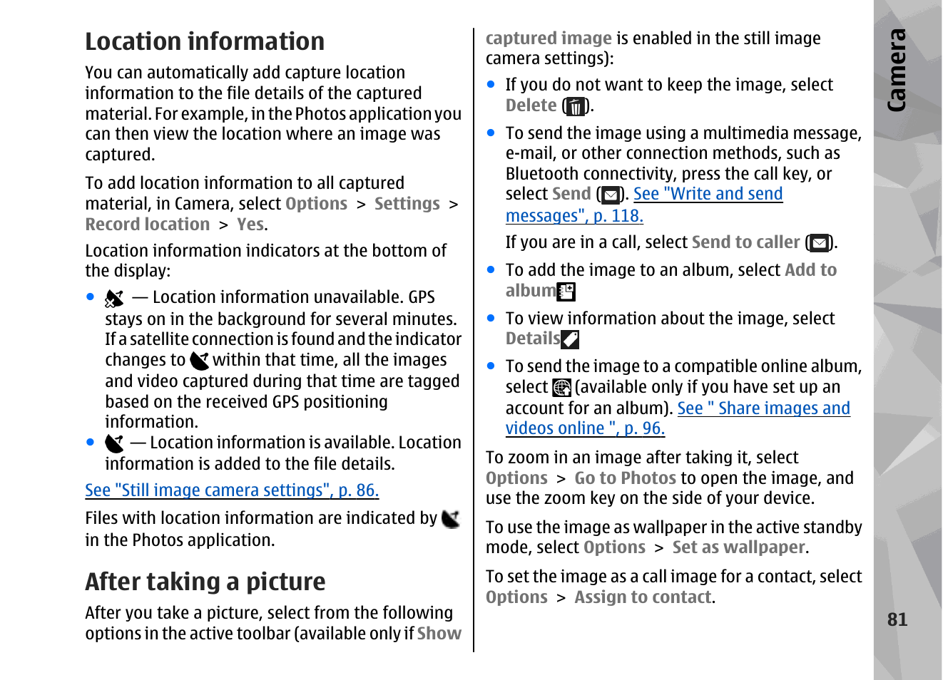 Location information, After taking a picture, See "location | Information", p. 81, See "after taking a picture", p. 81, Ca mera | Nokia 002F4W8 User Manual | Page 81 / 195