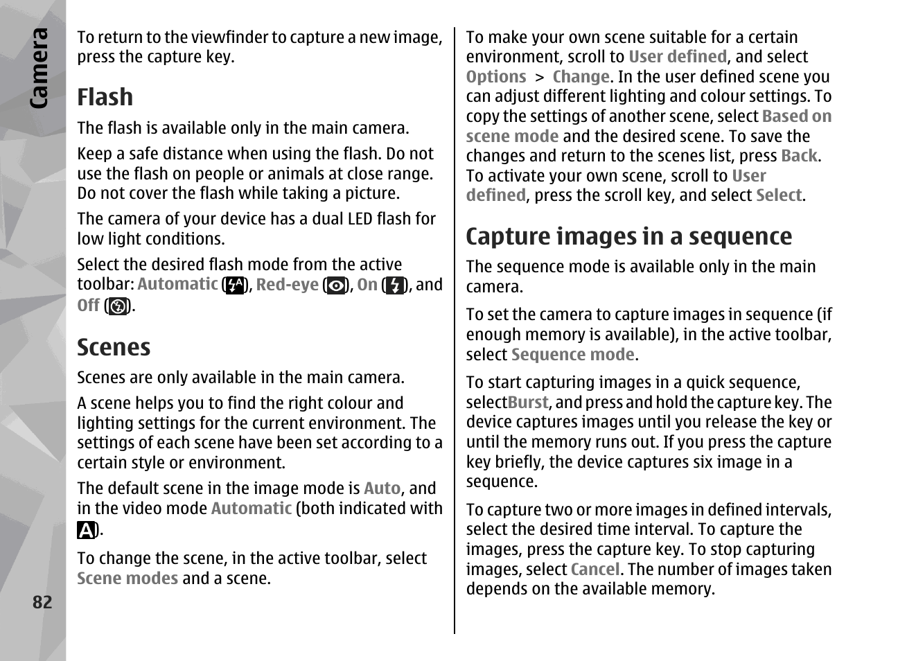 Flash, Scenes, Capture images in a sequence | See "capture images in a sequence", p. 82, Ca mera | Nokia 002F4W8 User Manual | Page 82 / 195