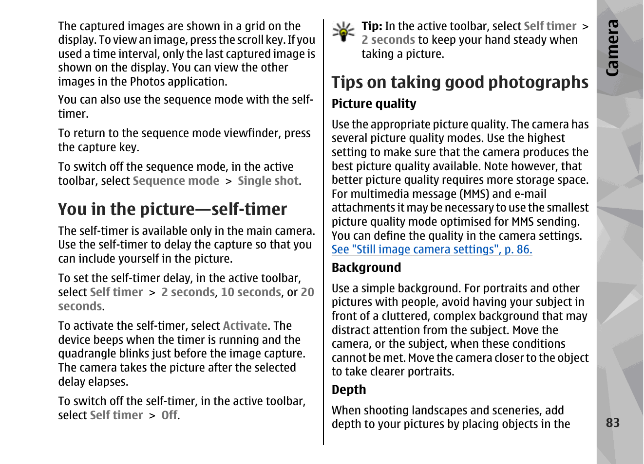 You in the picture—self-timer, Tips on taking good photographs, See "you | In the picture—self-timer", p. 83, Ca mera | Nokia 002F4W8 User Manual | Page 83 / 195