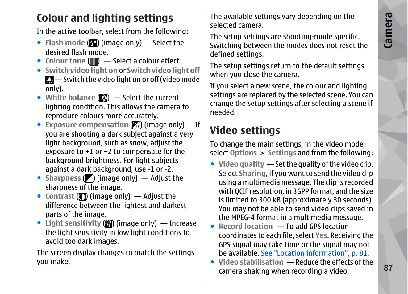 Colour and lighting settings, Video settings, See "video settings", p. 87 | See "video, Settings", p. 87, Toolbar, Colour and lighting settings", p. 87, Ca mera | Nokia 002F4W8 User Manual | Page 87 / 195