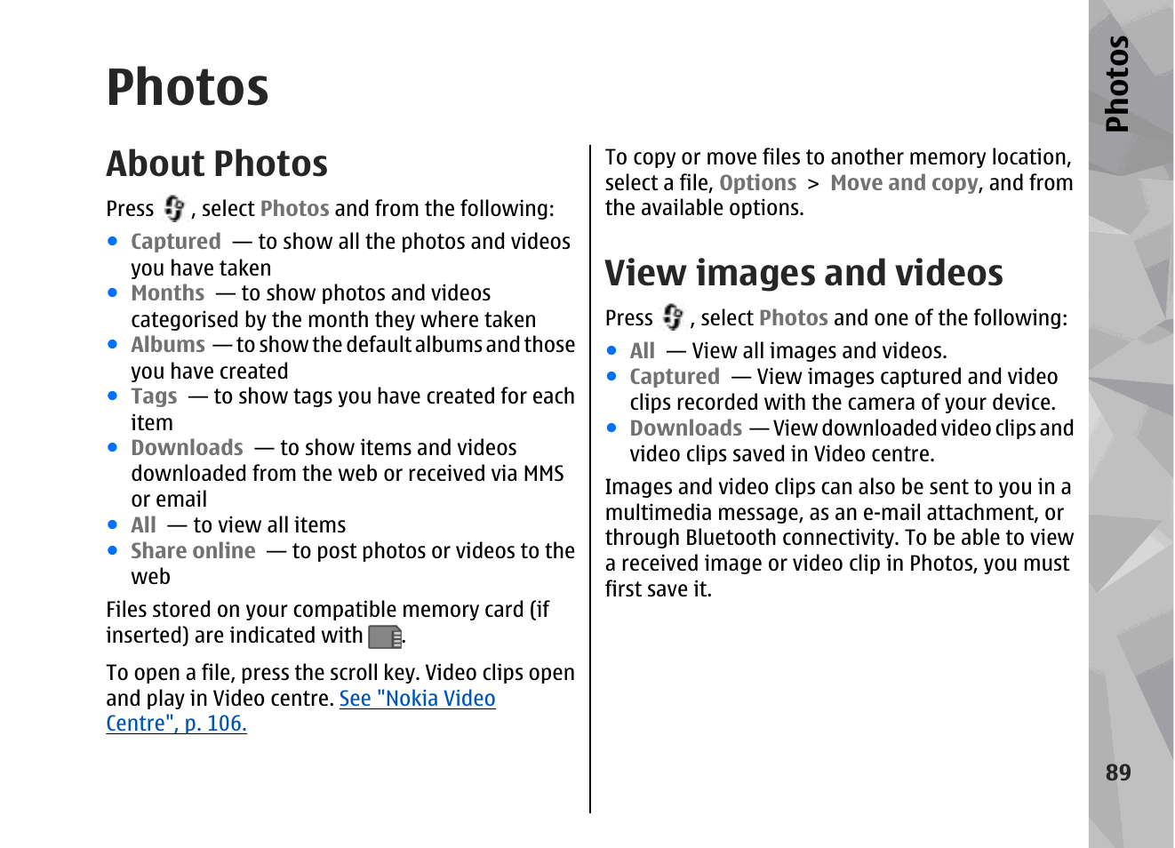 Photos, About photos, View images and videos | See "photos", p. 89, Ph ot os | Nokia 002F4W8 User Manual | Page 89 / 195